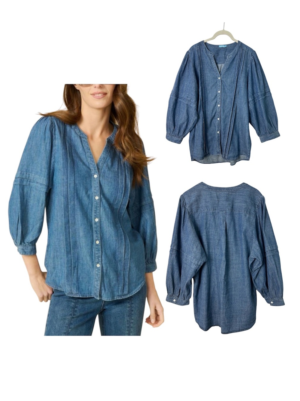 J.McLaughlin Laramie Denim Linen Blend Button Down Blouse top  L Balloon Sleeve